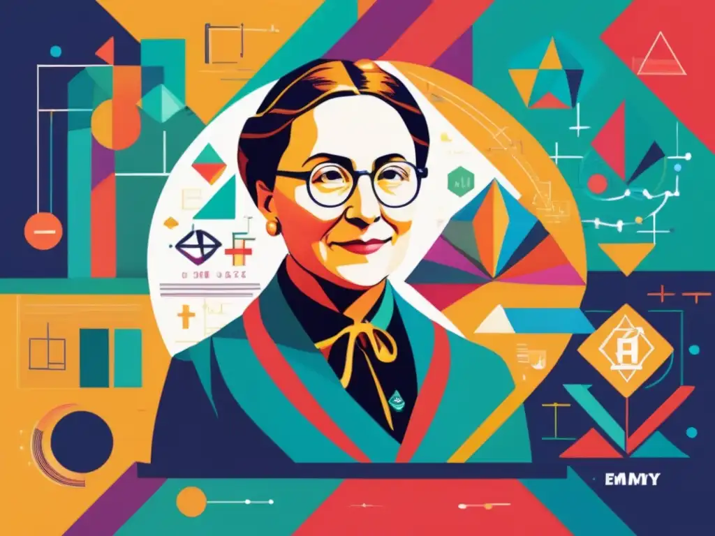 Una ilustración vibrante y moderna de Emmy Noether inmersa en un entorno matemático dinámico, rodeada de ecuaciones y formas geométricas