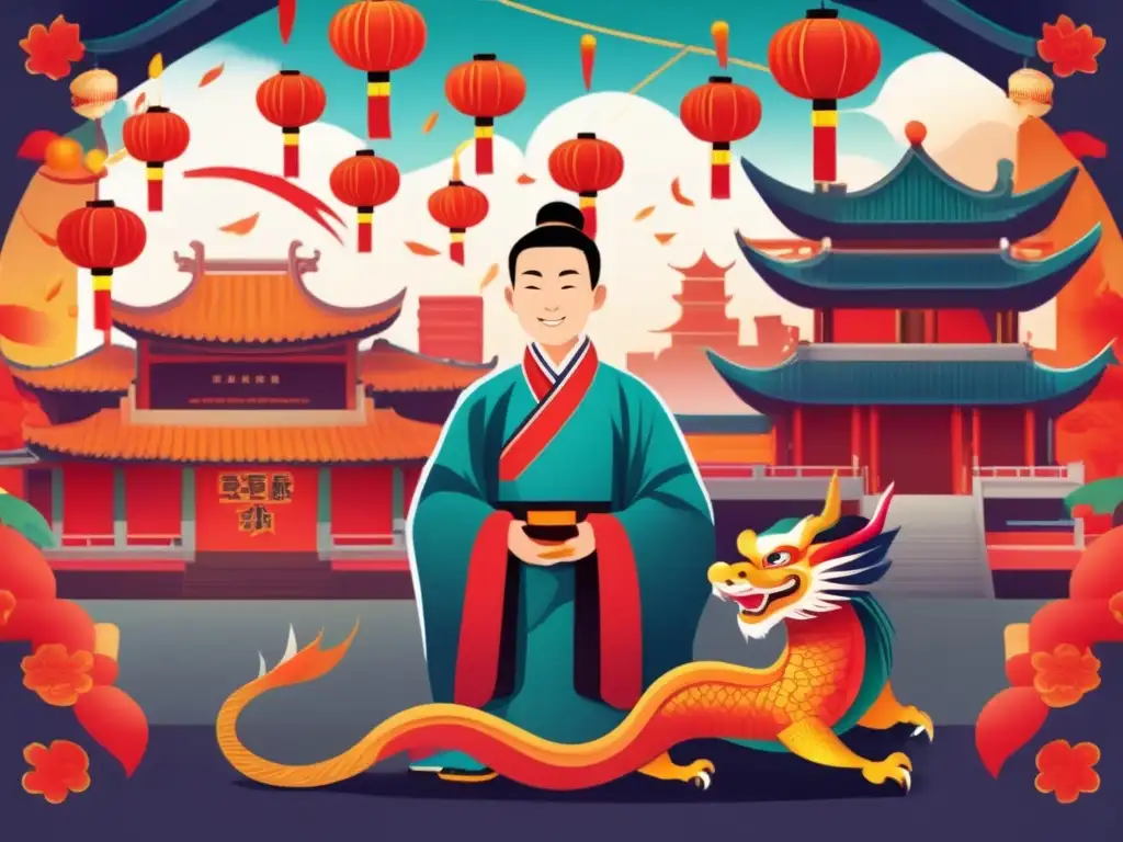 Una ilustración vibrante y moderna de Ban Zhao rodeada de elementos tradicionales de festividades chinas, como faroles, dragones y fuegos artificiales