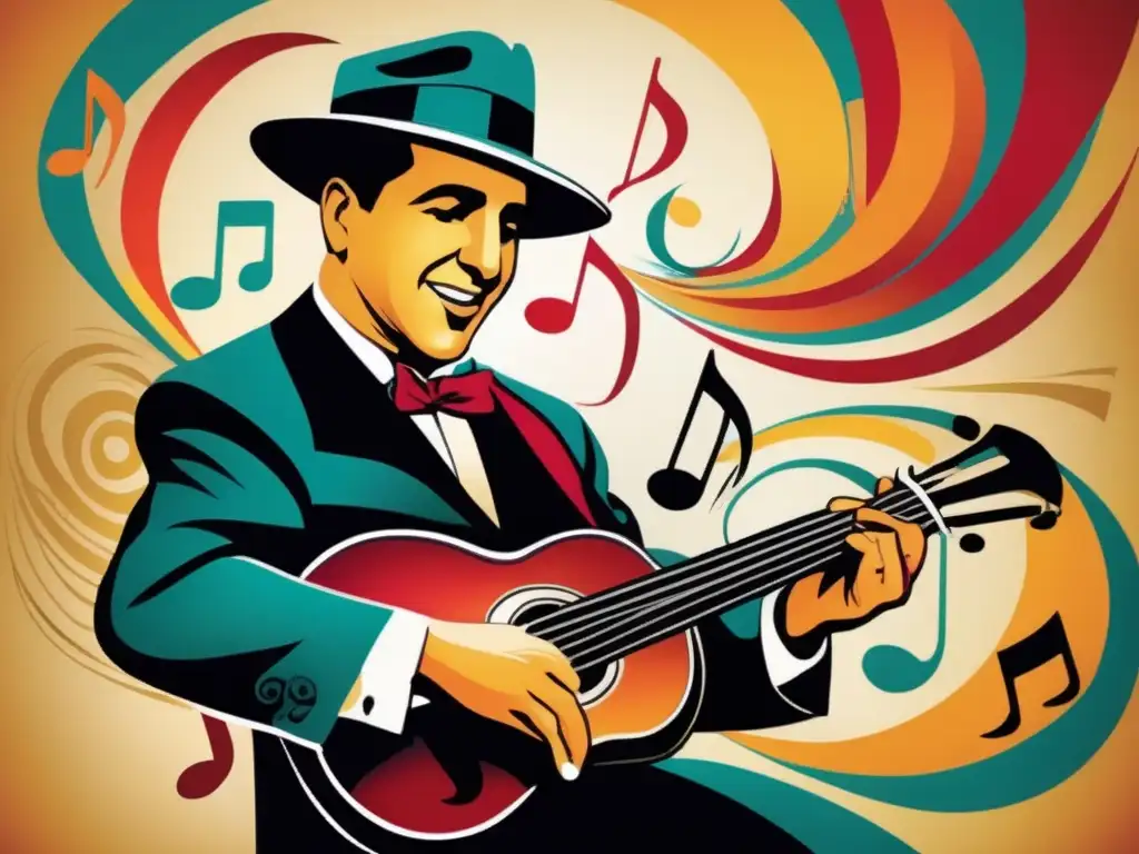 Una ilustración vibrante y moderna de Carlos Gardel rodeado de notas musicales, colores dinámicos y emociones intensas