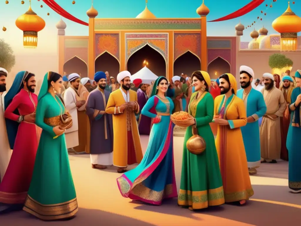 Un vibrante y moderno festival persa ilustrado, con detalles de ropa tradicional, decoraciones coloridas y celebraciones alegres