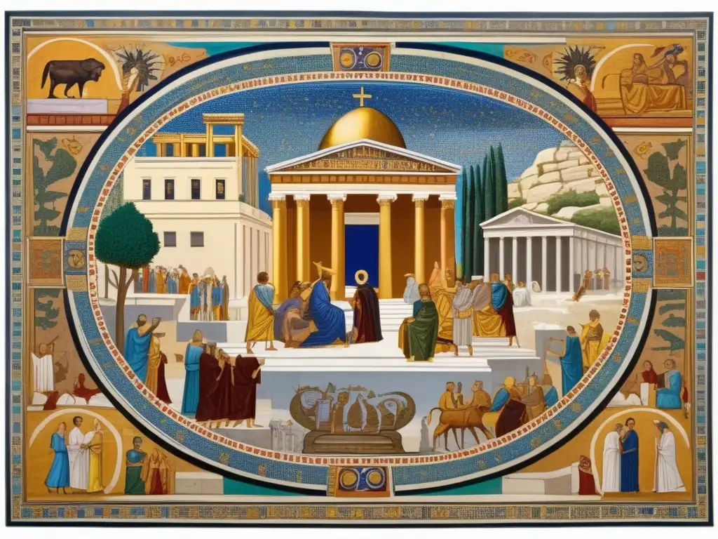 Solon en debate: Mosaico político-religioso en Atenas Vibrante mosaico de Solón en debates político-religiosos en Atenas, legado de la democracia antigua