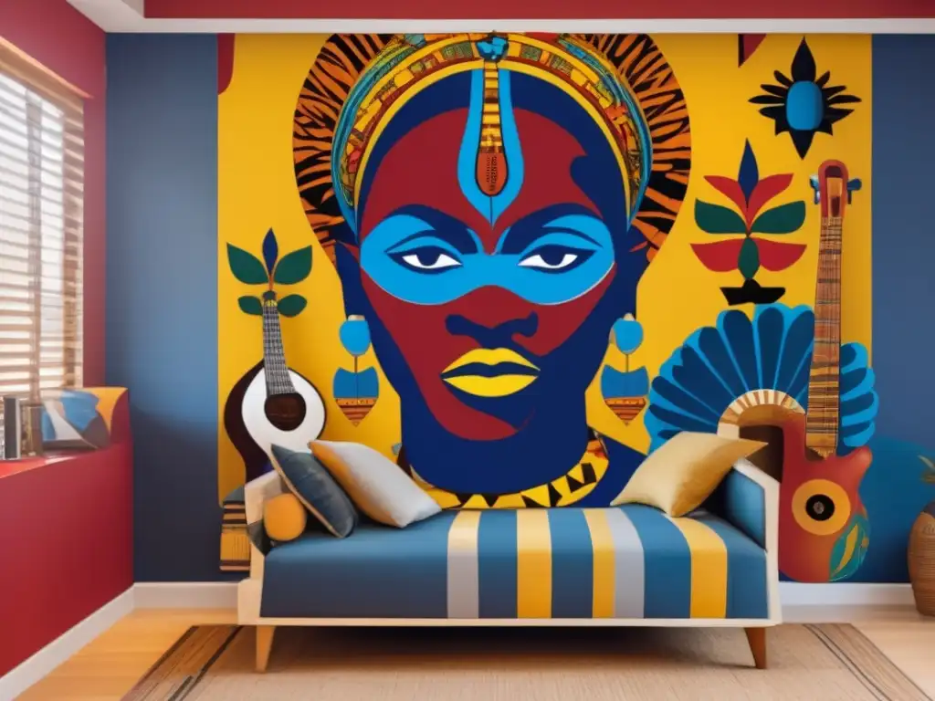 Un vibrante mural de Molefi Kete Asante rodeado de simbolismo Afrocentrista, con colores dinámicos y una expresión de sabiduría y liderazgo
