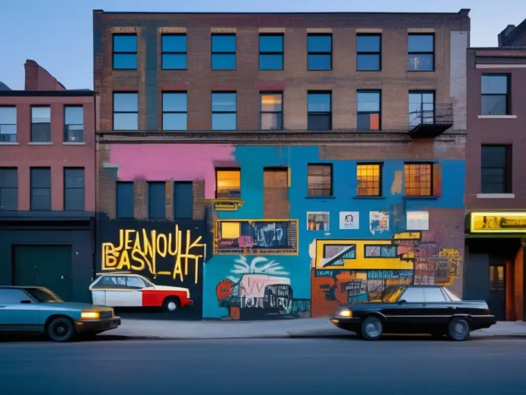 Un vibrante mural de Jean-Michel Basquiat en una concurrida calle al anochecer, capturando la energía cruda del arte callejero