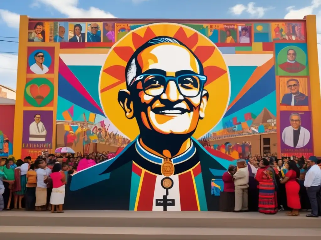Un vibrante mural de Oscar Romero defensa derechos humanos, rodeado de símbolos de paz y justicia, reflejando su impacto global