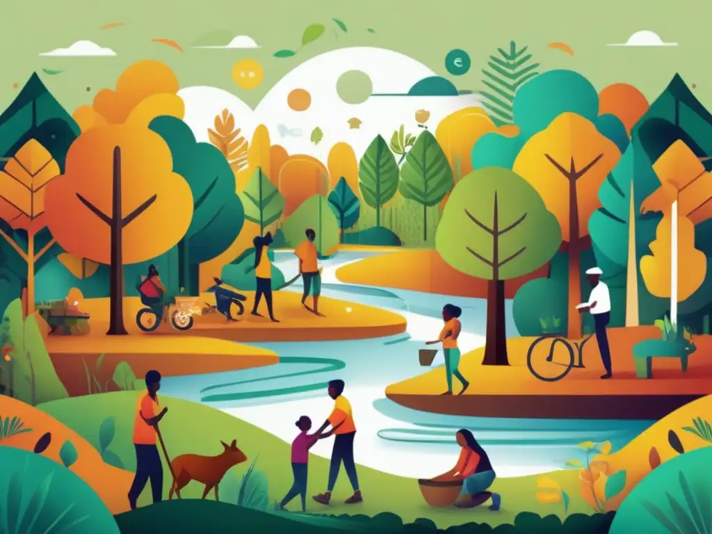 Un vibrante mural digital ilustra una comunidad diversa gestionando en armonía un recurso común, como un bosque o fuente de agua