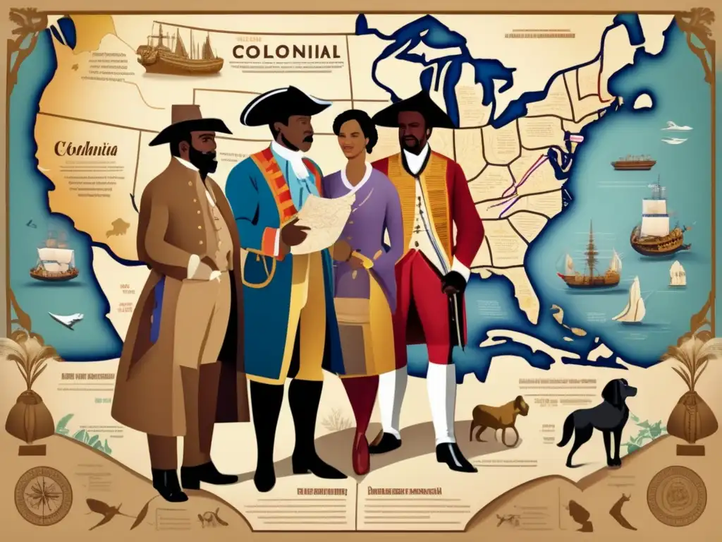 Un vibrante mural digital muestra a Pioneros del Nuevo Mundo Figuras Clave reunidos alrededor de un mapa, planificando con determinación