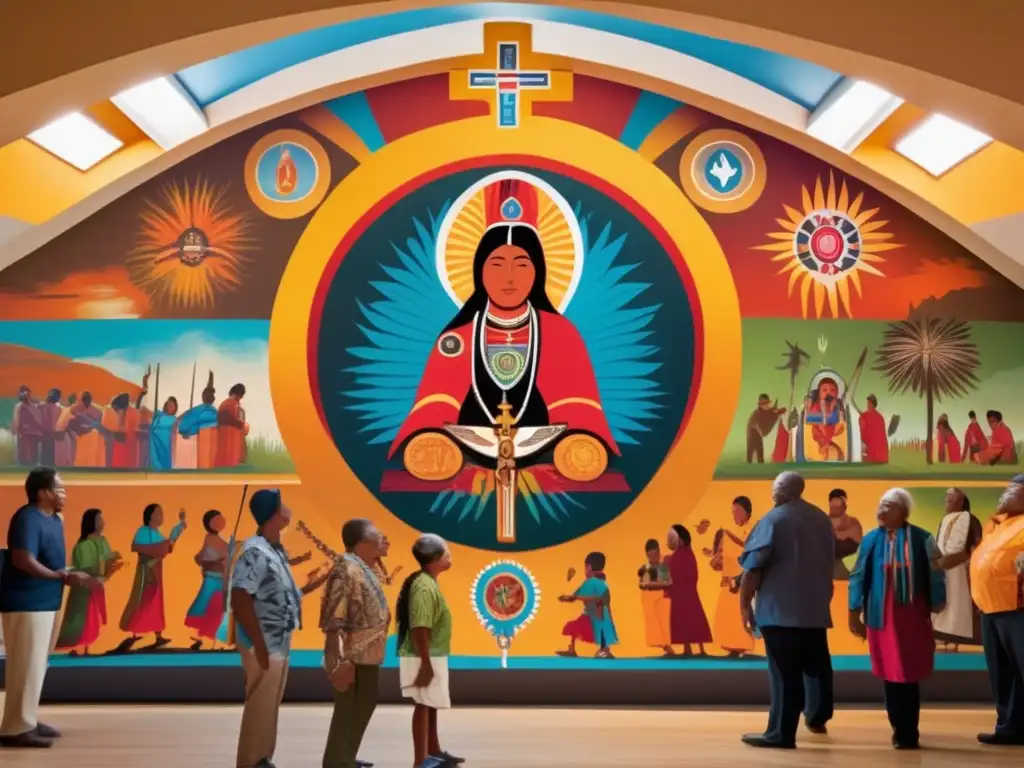 Un vibrante mural que fusiona espiritualidades indígenas y evangelización católica, con detalles ricos y colores llamativos