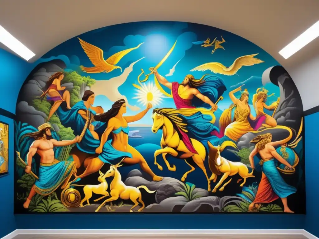 Un vibrante mural de graffiti moderno que representa escenas de la mitología griega con colores llamativos y detalles intrincados