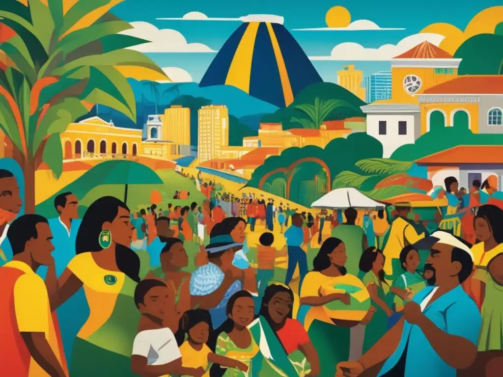 Un vibrante mural moderno que representa escenas de la cultura y activismo social de Brasil, con colores llamativos y detalles intrincados que capturan la energía y diversidad del país