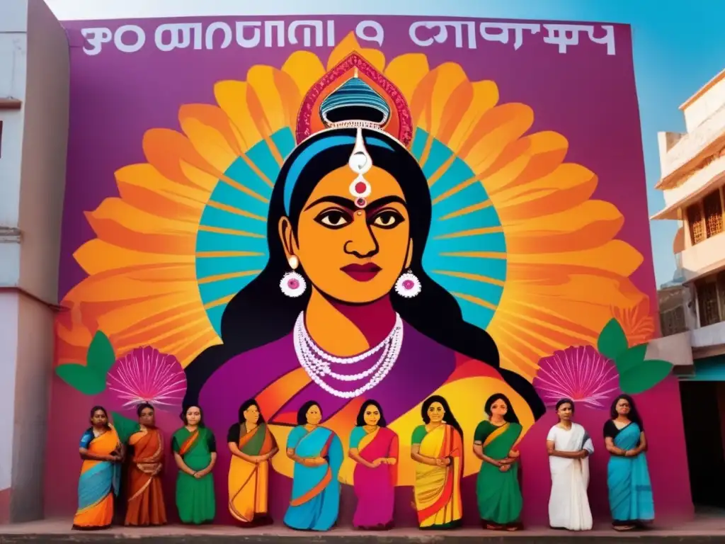 Un vibrante mural moderno de Kamaladevi Chattopadhyay, símbolo del feminismo postindependencia en la India, rodeada de colores y símbolos
