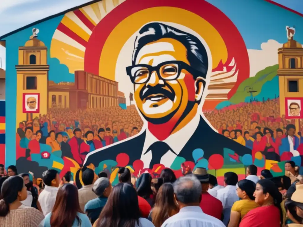 Un vibrante mural de Salvador Allende dirigiéndose a una multitud, con símbolos coloridos de socialismo y unidad