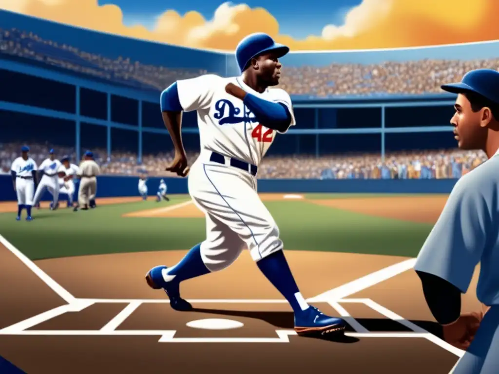 Jackie Robinson lucha béisbol en ilustración vibrante con el número 42 en su uniforme de los Dodgers de Brooklyn, frente a una multitud expectante