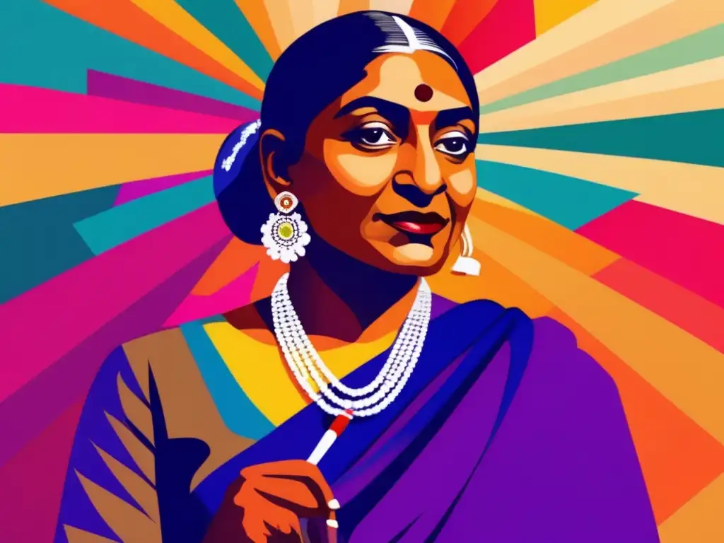 Una vibrante obra digital retrata a Sarojini Naidu con una pluma, rodeada de representaciones abstractas de poesía y activismo político