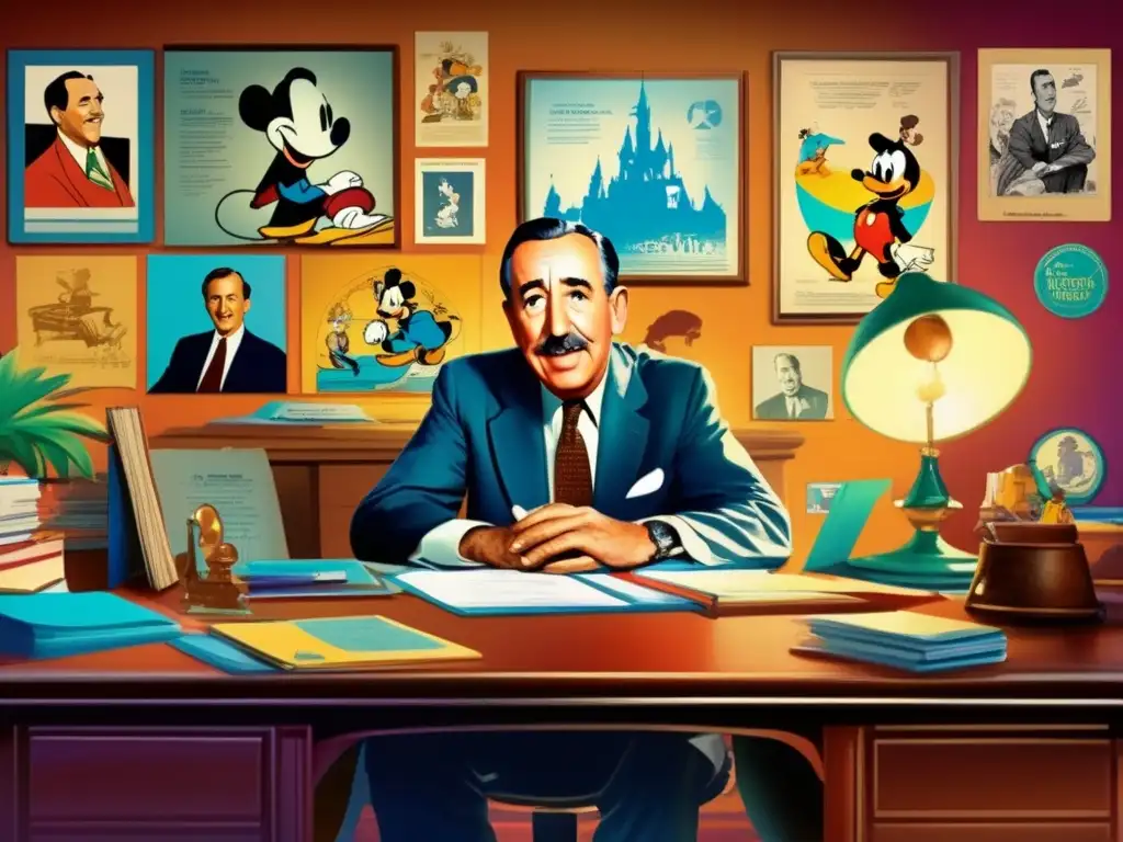 En su vibrante oficina, Walt Disney se sumerge en ideas, rodeado de bocetos y memorabilia