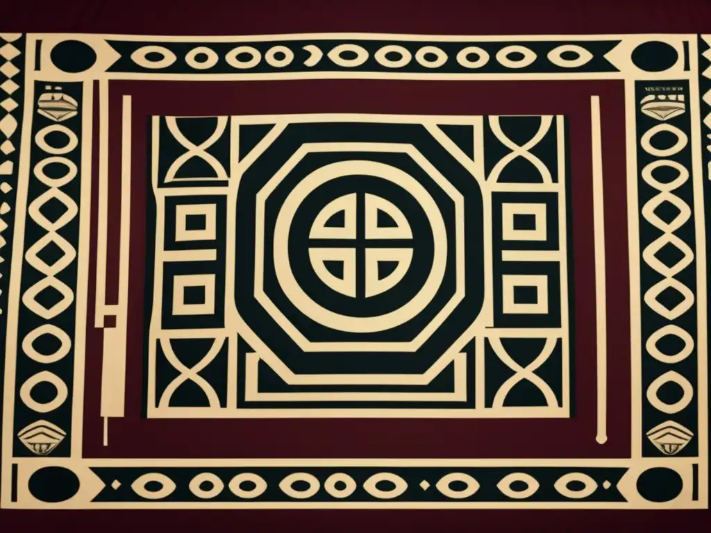 Un vibrante paño Adinkra: símbolos y su significado, con patrones geométricos y simbología en tonos modernos sobre una mesa de caoba