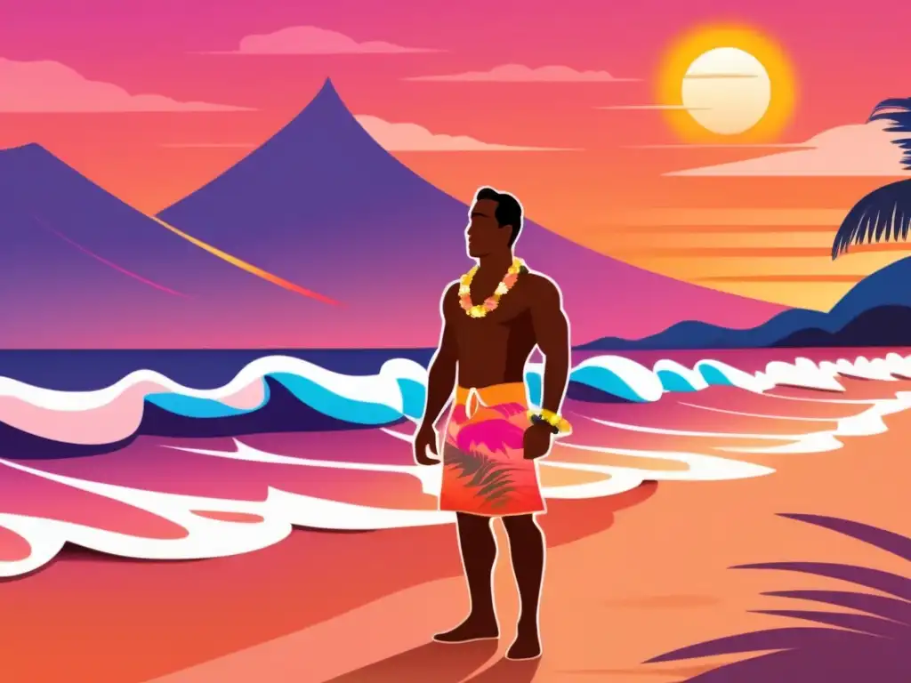 Duke Kahanamoku natación: Ilustración digital vibrante de Duke en la playa al atardecer, con una expresión segura y determinada, rodeado de la cálida luz del sol y surfistas en el mar