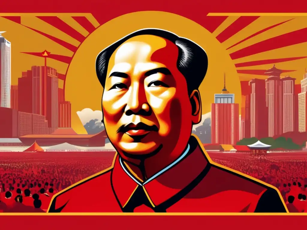 Un vibrante póster estilizado de Mao TseTung en rojo y dorado, con caracteres chinos y una bulliciosa ciudad