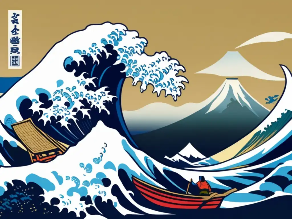 Una vibrante reinterpretación de 'La Gran Ola de Kanagawa' de Katsushika Hokusai, destacando el legado artístico de Japón con modernos colores