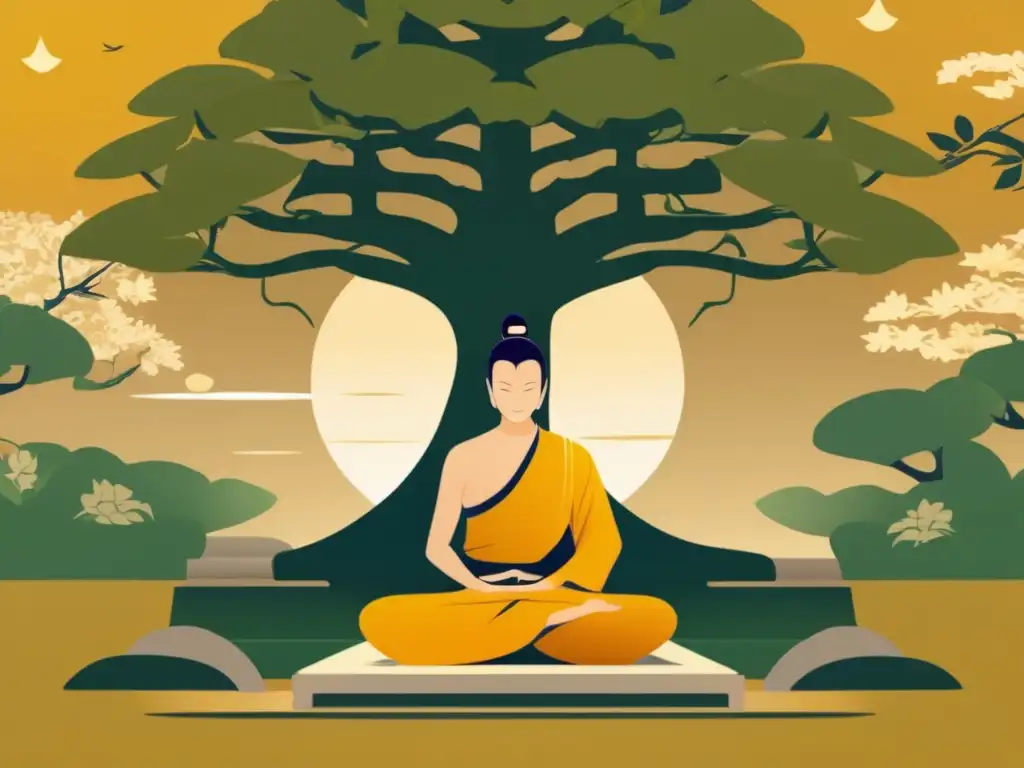 Un vibrante retrato digital de Shinran meditando bajo un árbol Bodhi, iluminado por una suave luz dorada que emana de su figura serena