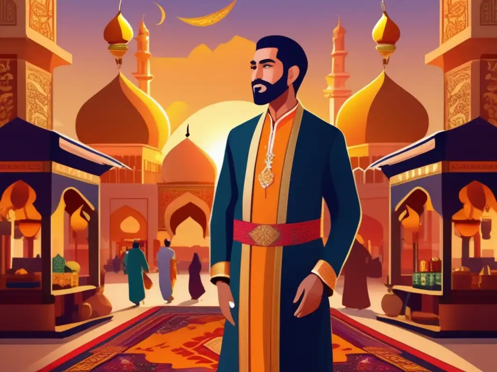 Un vibrante retrato digital de Ziryab, ícono cultural, elegantemente vestido en atuendo oriental, en medio de un bullicioso mercado en Oriente Medio