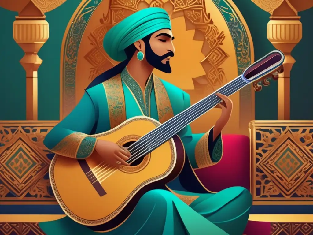 Un vibrante retrato digital de Ziryab, ícono cultural, vistiendo elegante atuendo oriental y tocando un laúd, rodeado de opulenta decoración oriental