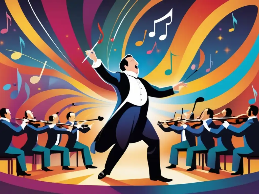 Un vibrante retrato digital del legado de Gioachino Rossini en la ópera cómica, con intensa energía y notas musicales coloridas