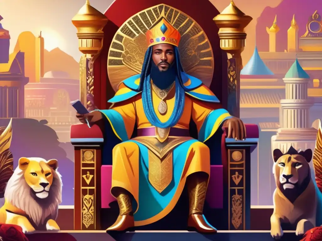 Un vibrante retrato digital del legendario Preste Juan sentado en un trono dorado, rodeado de criaturas míticas y artefactos antiguos