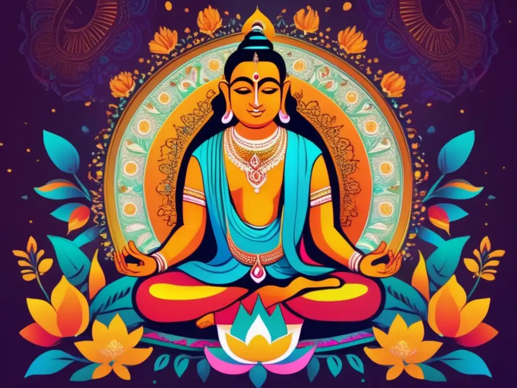 Meditación vibrante de Tulsidas: devoción a Lord Rama Un vibrante retrato digital moderno de Tulsidas en profunda meditación, rodeado de motivos florales y símbolos que representan su devoción a Lord Rama