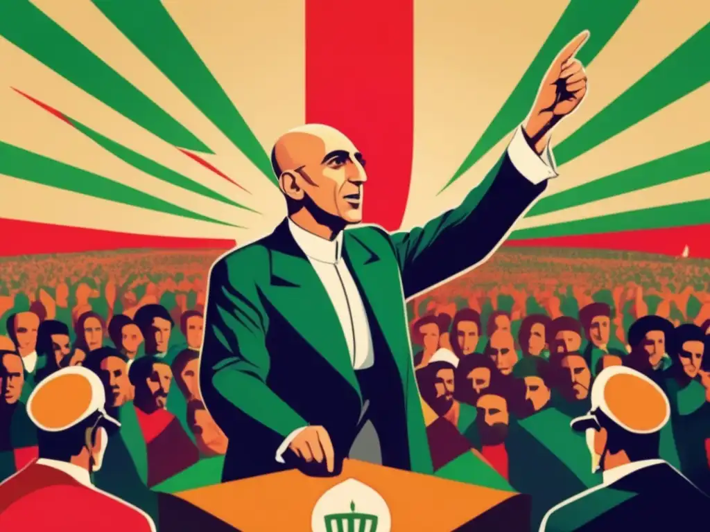 Un vibrante retrato digital muestra a Mohammad Mosaddegh liderando a sus seguidores con determinación y resolución, en el marco de la bandera de Irán