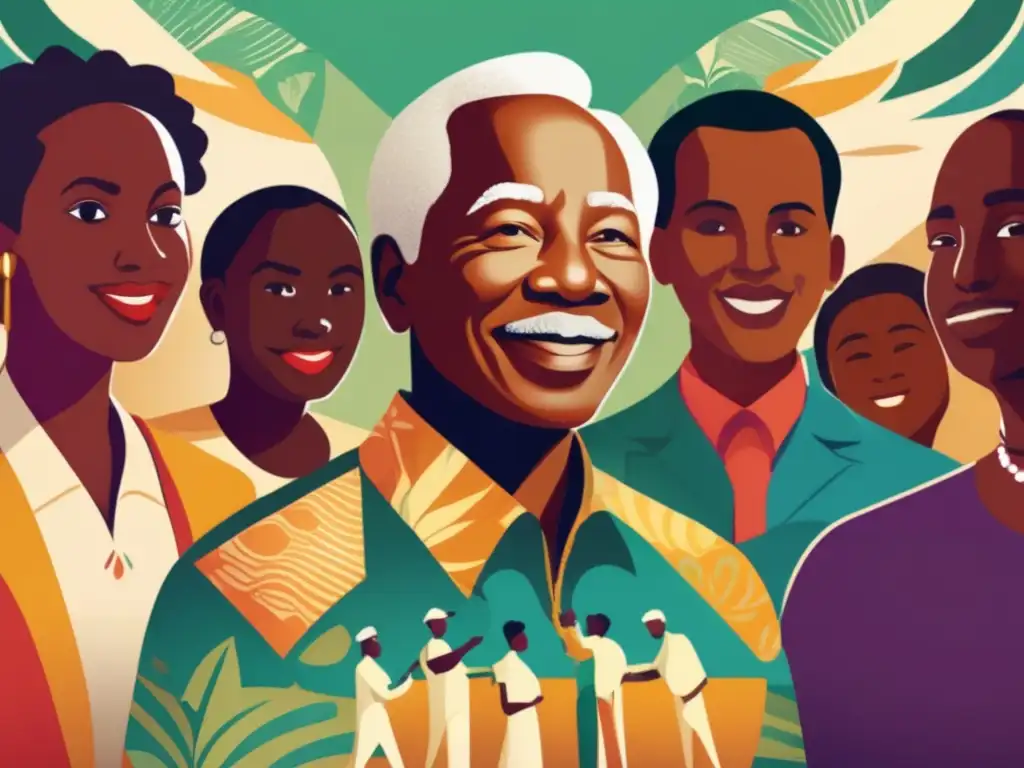 Un vibrante retrato digital de Julius Nyerere, rodeado de personas de diversos orígenes, trabajando juntos para construir una comunidad unida