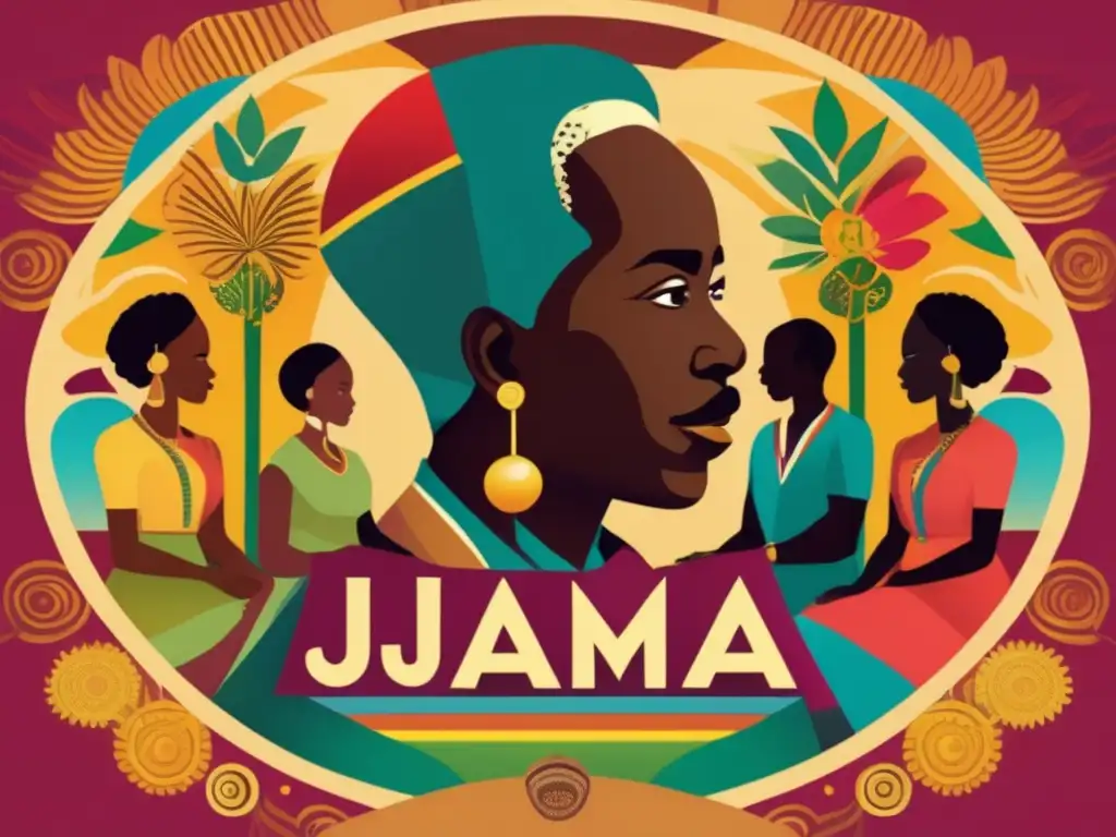 Un vibrante retrato digital de Julius Nyerere rodeado de personas diversas trabajando en armonía