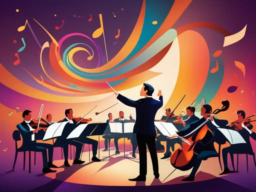 Un vibrante retrato digital de Federico Moreno Torroba dirigiendo una orquesta en un escenario, rodeado de notas musicales coloridas y dinámicas