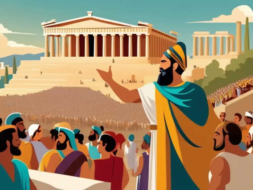 Un vibrante retrato digital de Pericles dirigiéndose a una multitud en la asamblea ateniense, con la Acrópolis de fondo