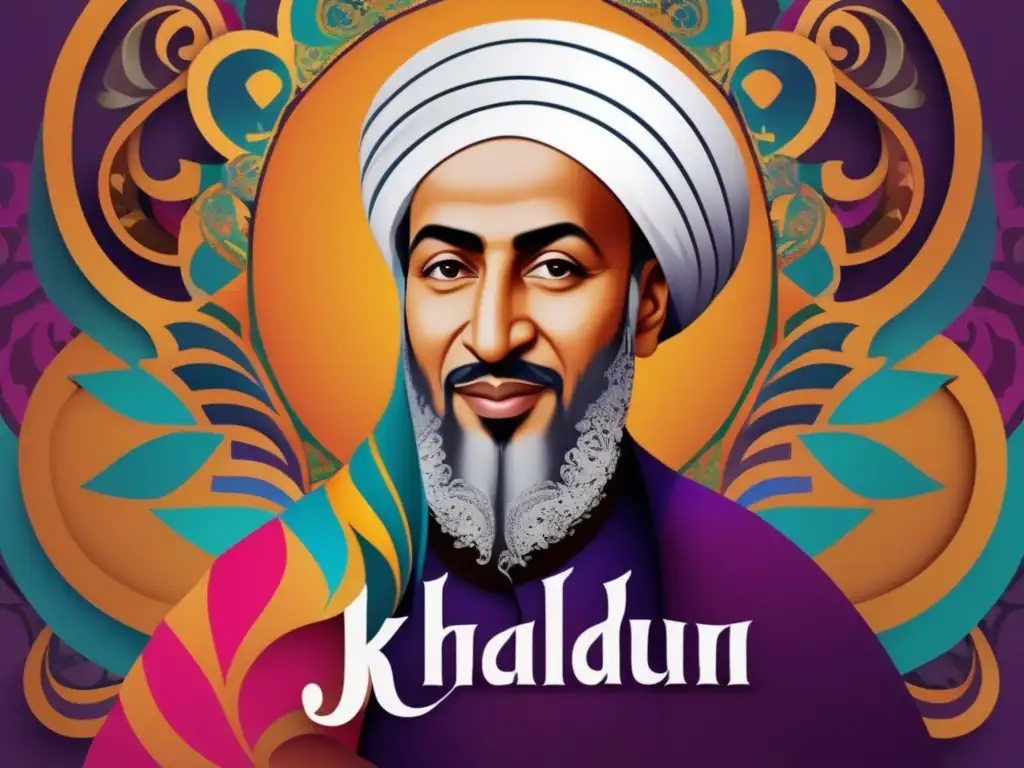 Un vibrante retrato digital de Ibn Khaldun rodeado de patrones y colores vibrantes, con citas icónicas en elegante caligrafía
