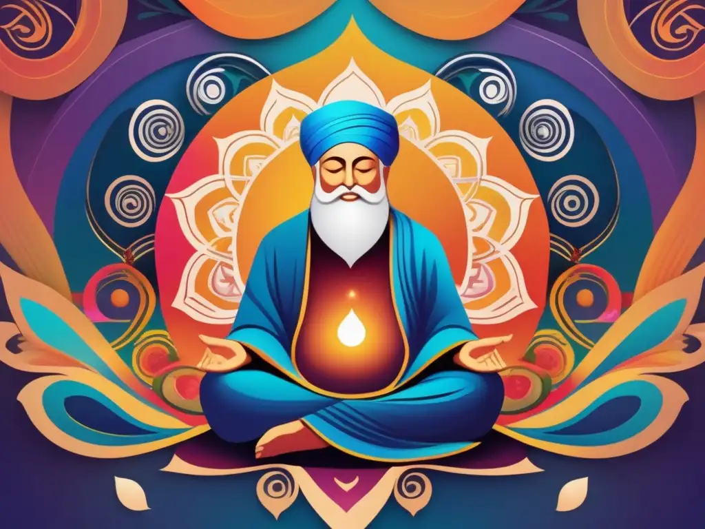 Un vibrante retrato digital de Rumi en meditación, rodeado de patrones ondulantes y colores vibrantes que evocan trascendencia espiritual