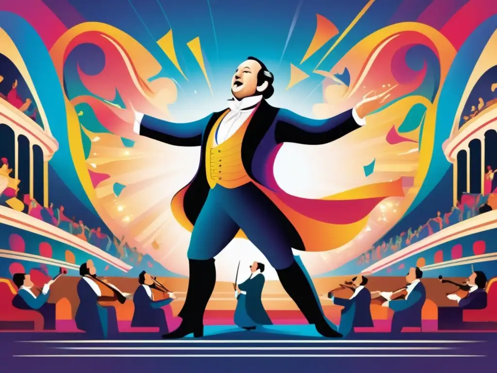 Un vibrante retrato del legado de Gioachino Rossini en la ópera cómica, con una ilustración moderna que captura la energía y teatralidad de su música