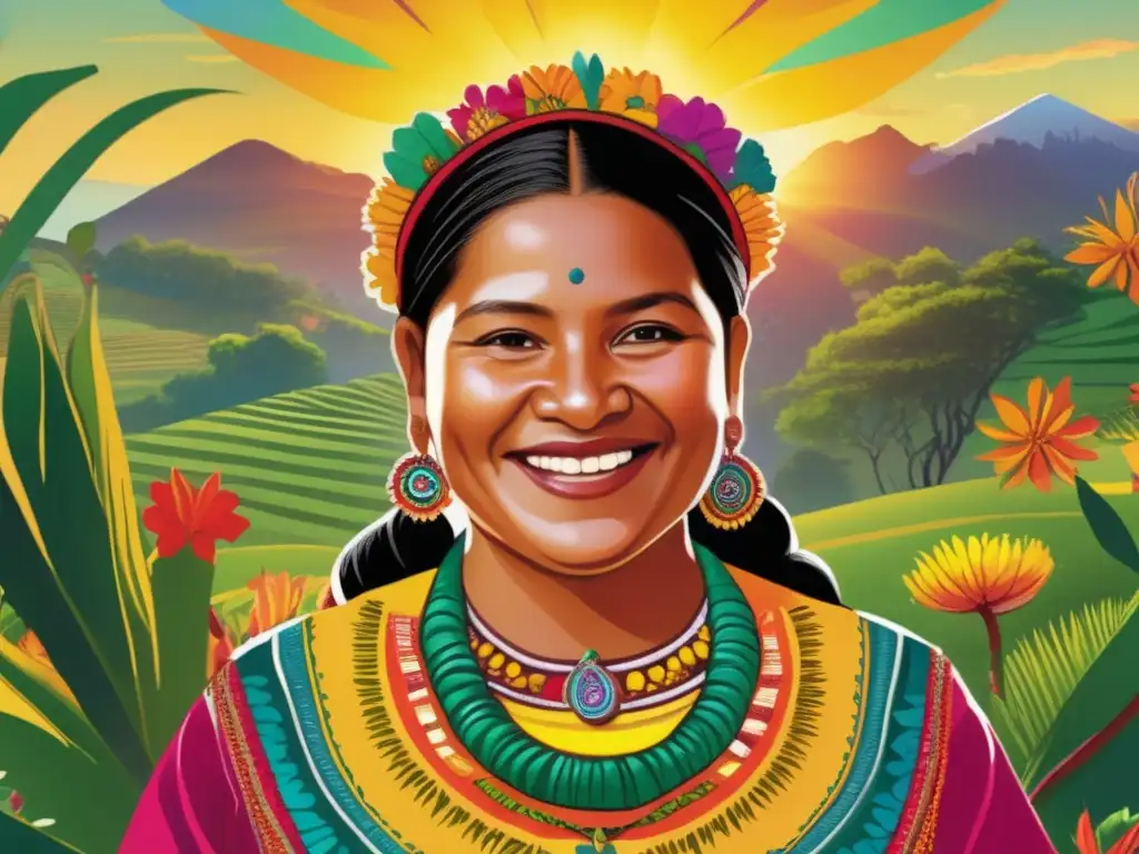 Una ilustración vibrante de Rigoberta Menchú jugando en los campos de Guatemala, rodeada de exuberante vegetación y flores nativas