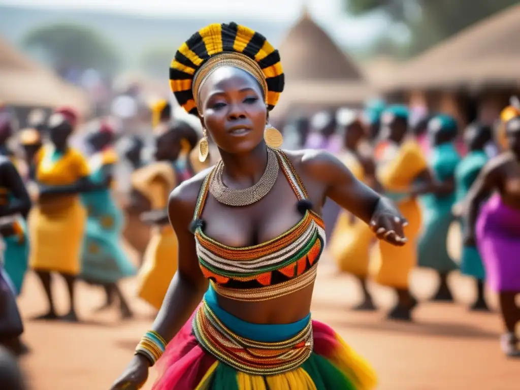 En el vibrante ritual africano, un grupo de bailarines ejecuta una danza ceremonial, mientras la multitud observa con energía