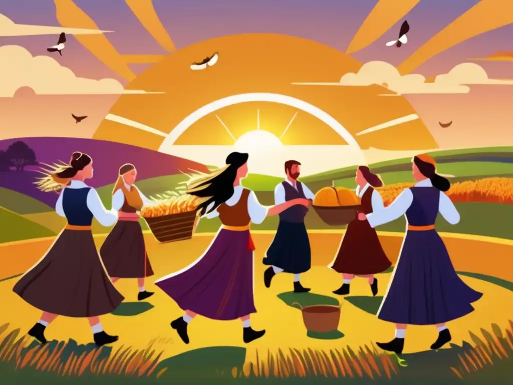 Un vibrante ritual de la cosecha en Escocia, con gente vestida en atuendos tradicionales, celebrando en un campo verde