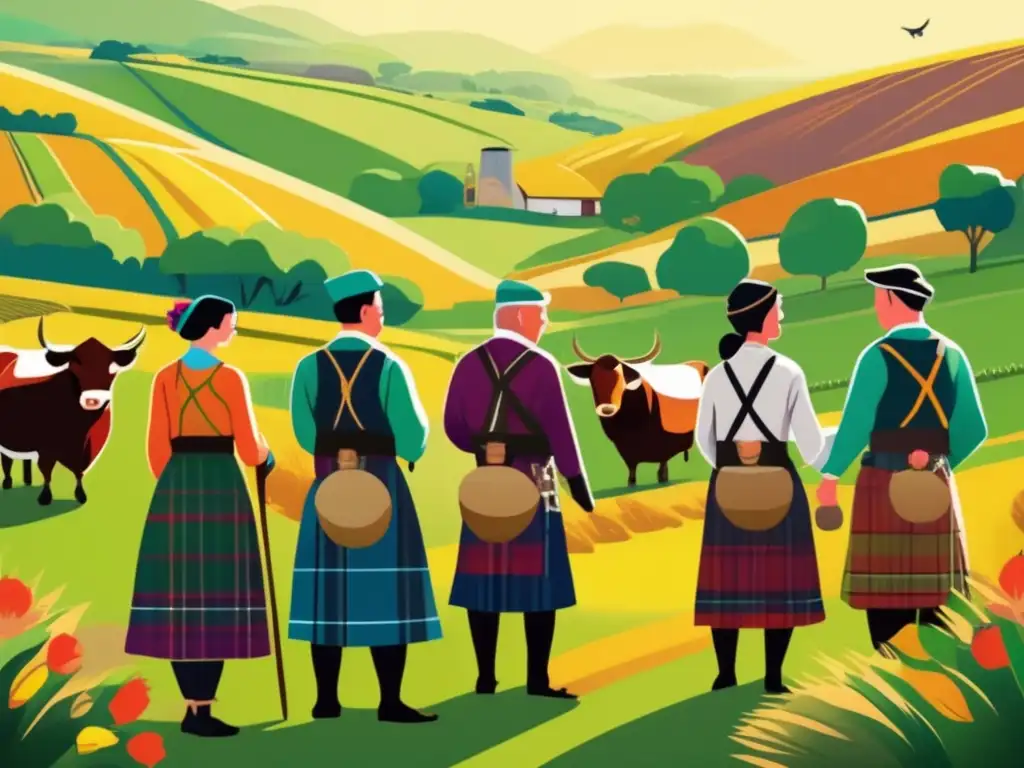 Un vibrante ritual de la cosecha en Escocia: granjeros participando en una tradición rodeados de campos verdes y colinas