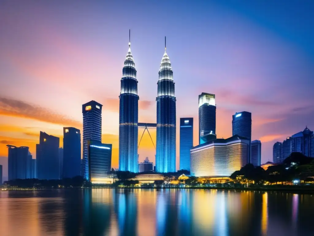 Desde el vibrante skyline de Kuala Lumpur, las icónicas Torres Petronas se destacan contra un atardecer impresionante