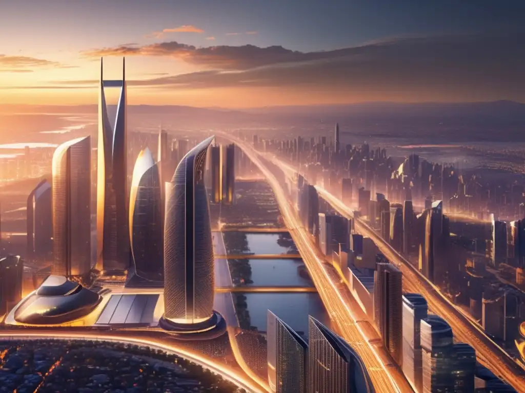 Un vibrante skyline urbano al atardecer, refleja la complejidad de la economía moderna con un Análisis InputOutput en economía moderna