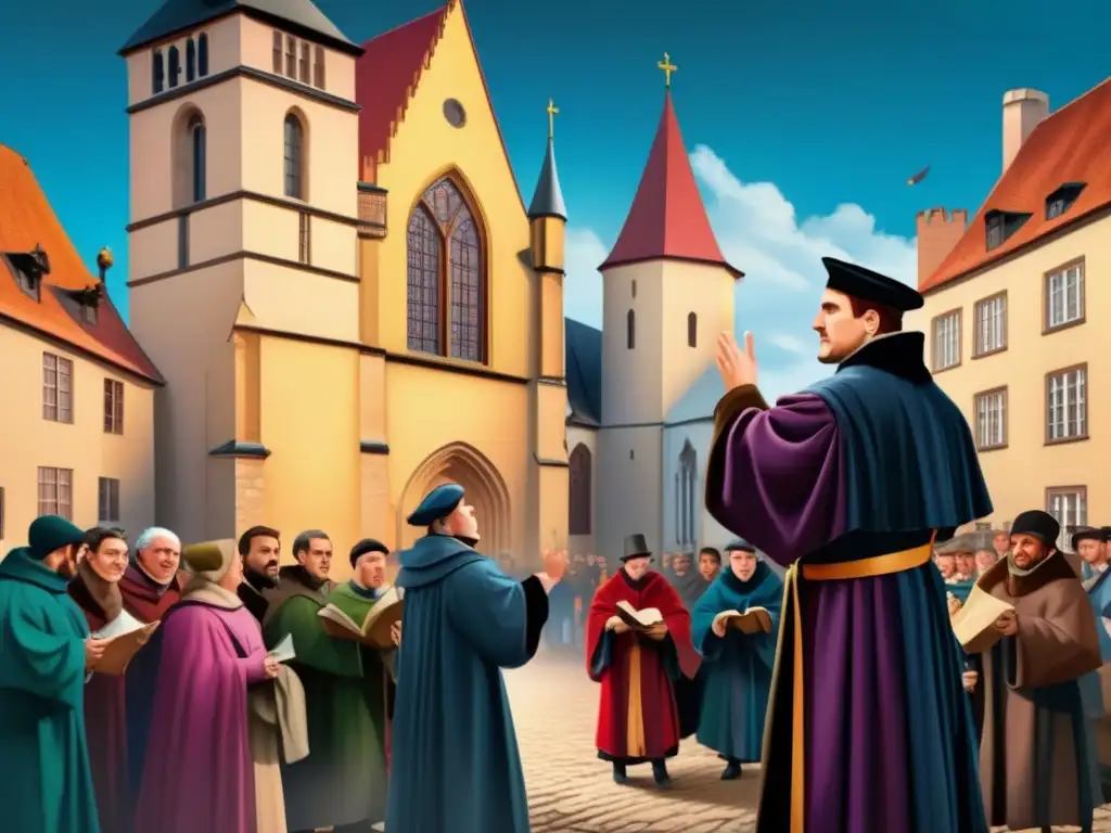 Luther desafía la Iglesia: ilustración detallada Vibrante ilustración de Martin Lutero clavando sus 95 Tesis en la Iglesia del Castillo, en Wittenberg, desencadenando la revolución del protestantismo