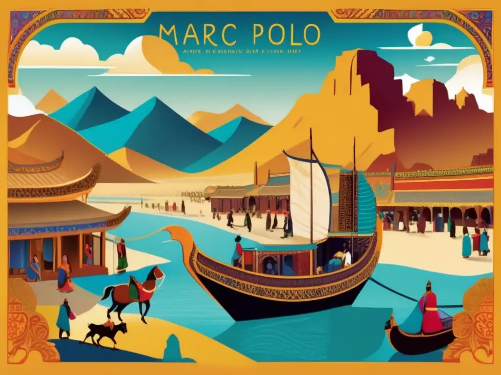 Un vibrante viaje legendario de Marco Polo a lo largo de la Ruta de la Seda, capturando la esencia de aventura y descubrimiento
