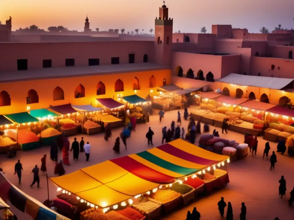 En el vibrante zoco de Marrakech, Marruecos, se aprecian textiles y especias