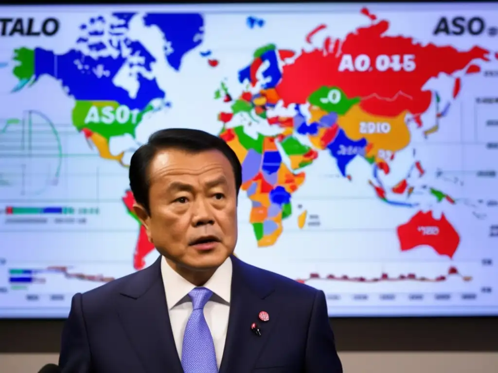 El viceprimer ministro de Japón, Taro Aso, se dirige a una conferencia de prensa rodeado de gráficos económicos, mostrando su influencia en la política fiscal de Japón durante la crisis