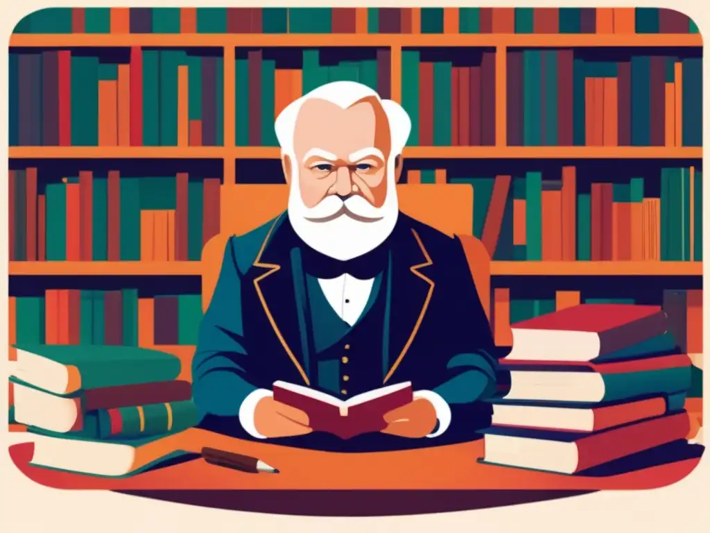 Victor Hugo lucha social literatura: Ilustración digital detallada y moderna de Victor Hugo, rodeado de libros, escribiendo con pasión