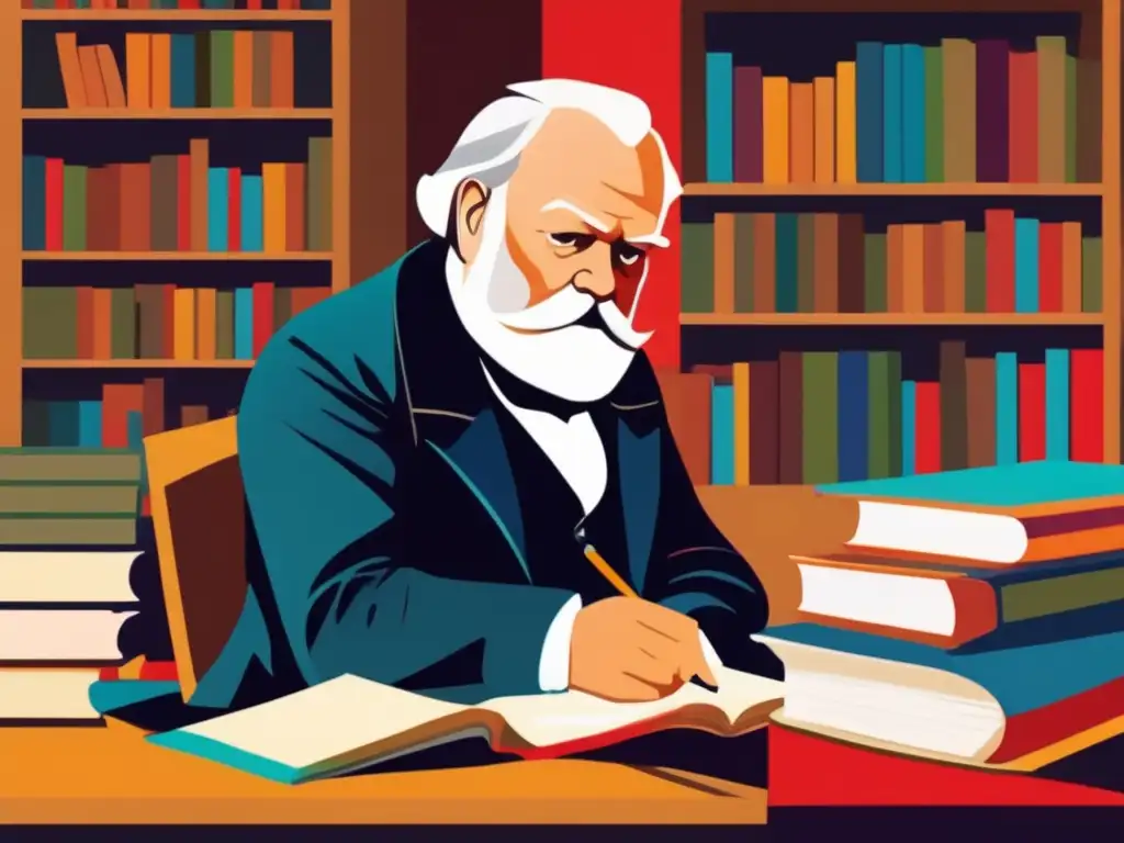 Victor Hugo lucha social literatura: Arte digital moderno de Hugo en su escritorio, rodeado de libros y papeles, expresión intensa y concentrada