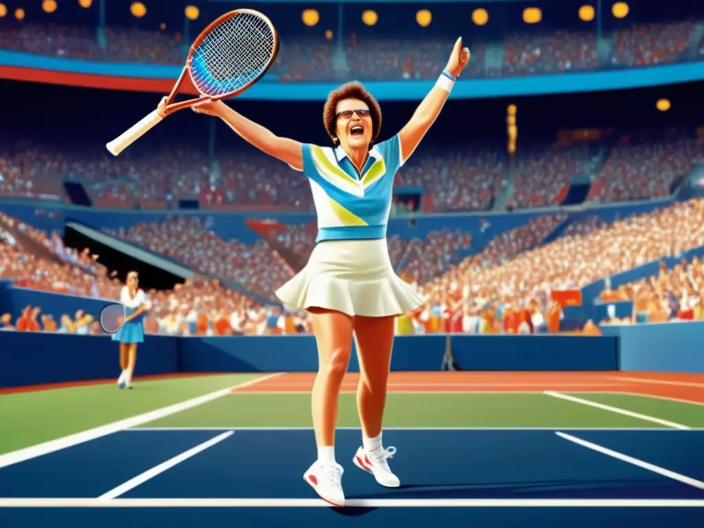 Billie Jean King celebra victoria en tenis olímpico, rodeada de una multitud en el estadio