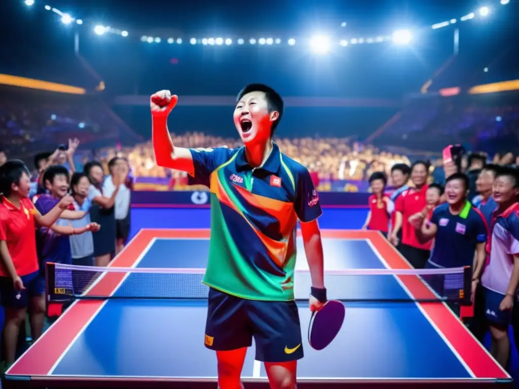 Ma Long celebra victoria en torneo de pingpong, rodeado de seguidores en una cancha iluminada con luces de neón